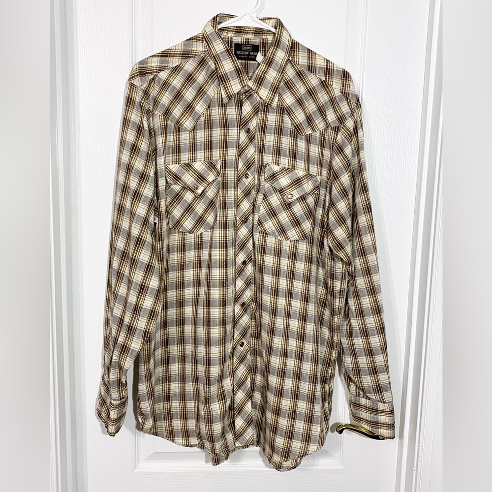 70s Sears Western Wear Plaid Snap Shirt Vintage Brown Yellow Men’s XL